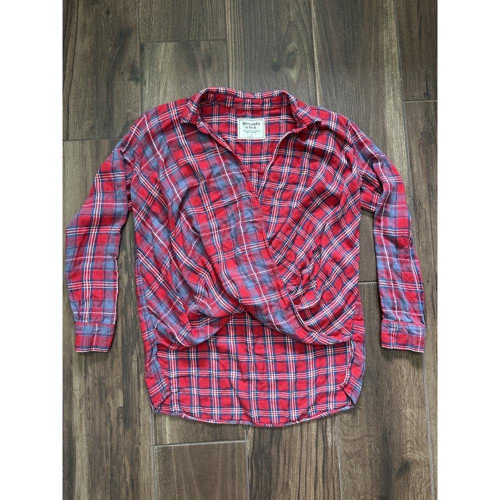 Abercrombie Fitch Red Plaid Wrap Front Twist Flannel Shirt Womens Small Long Slv